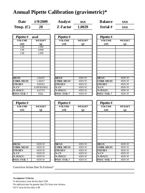 pipette calibration excel worksheet